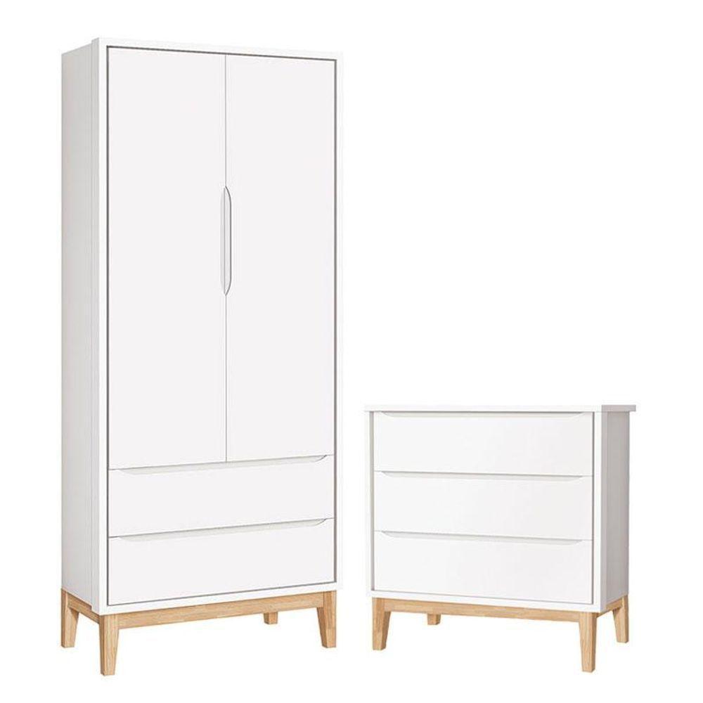 Cômoda Gaveteiro E Guarda Roupa Infantil 2 Portas New Classic Branco Com Pés Madeira Natural - Reller - 1