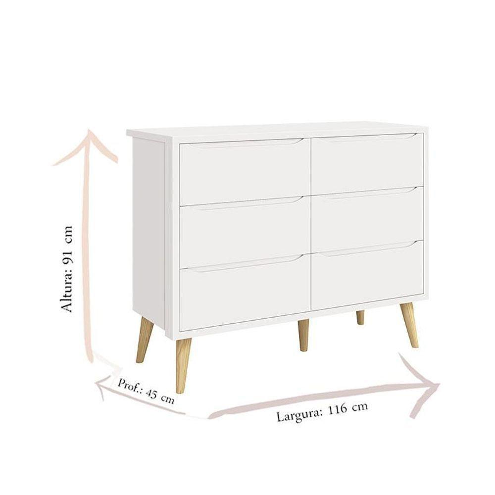 Cômoda Infantil 6 Gavetas Retrô Theo Branco Acetinado Com Pés Natural - Reller - 3