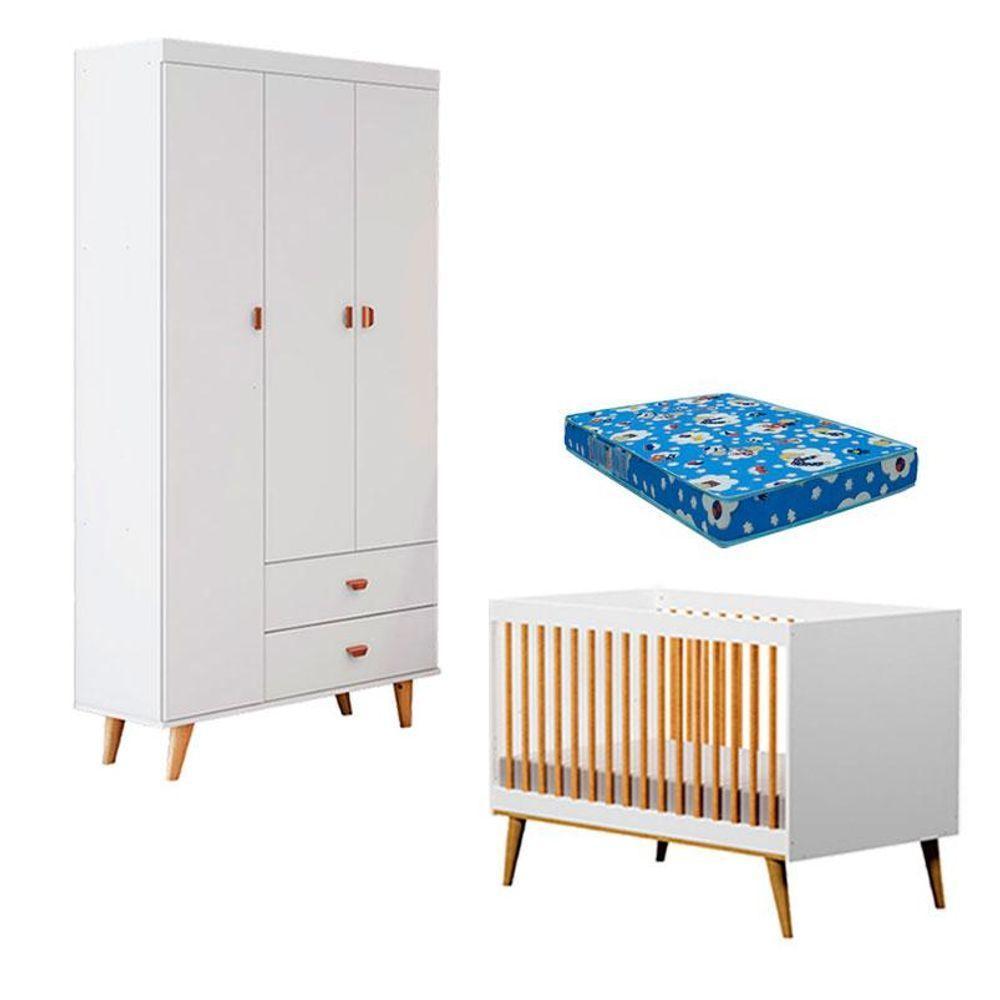 Berço Americano Ligia Com Guarda Roupa 3 Portas Duda Branco Acetinado Bétula E Colchão Ortobom - 1