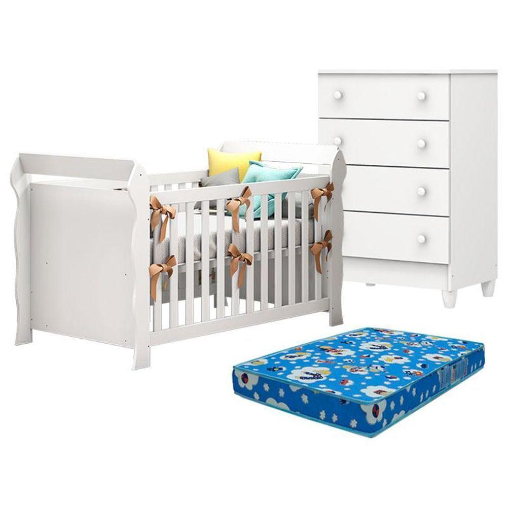 Berço Americano Lara E Cômoda Gaveteiro Mel Flat Branco Brilho Com Colchão Ortobom - Carolina - 1