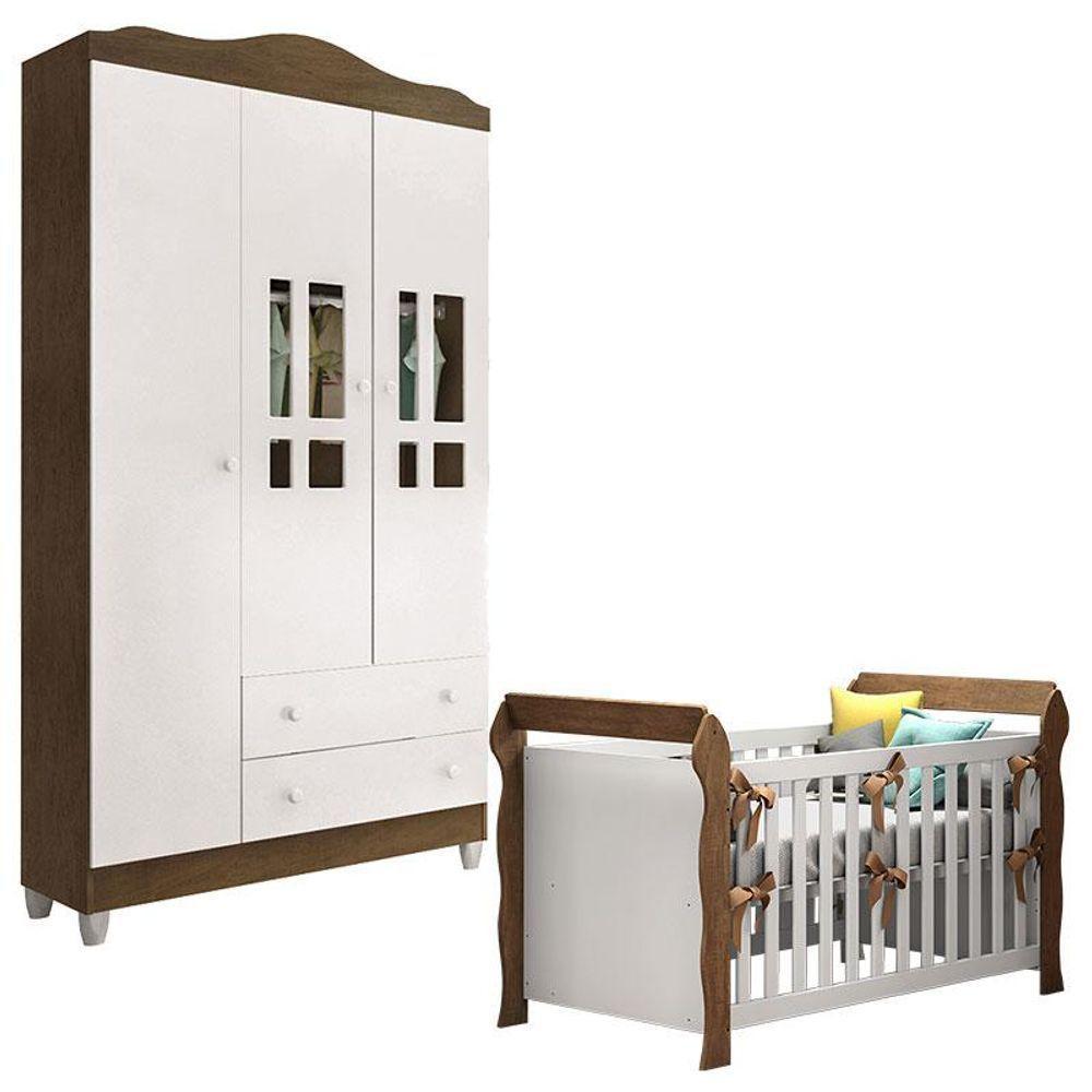 Berço Americano Lara E Guarda Roupa Ariel 3 Portas Branco Acetinado Amadeirado - Carolina - 1