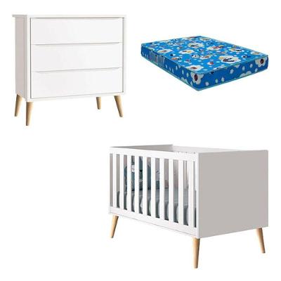 Berço Americano Theo MDF com Colchão Espuma Branco Acetinado com Pés Madeira