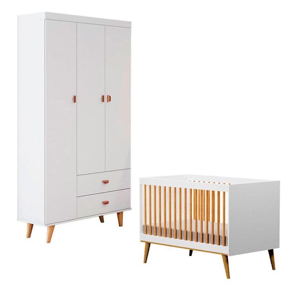 Berço Americano Ligia Com Guarda Roupa 3 Portas Duda Branco Acetinado Bétula - Carolina Móveis - 1