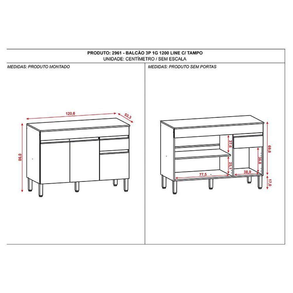 Balcão De Pia Ambiente Line 120 Cm Com Tampo Supremo - Kits Paraná - 2