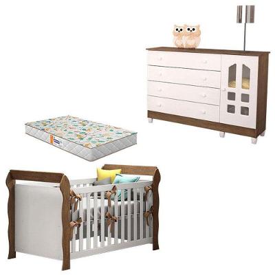 Berço Americano e Cômoda Infantil Lara Gran Selena 1 Porta 4 Gavetas MDF MDP Branco Carolina Baby