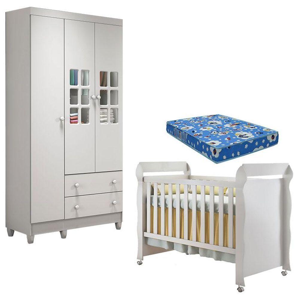 Berço Americano Mirelle E Guarda Roupa Mariah 3 Portas Branco Brilho Com Colchão - Carolina - 1