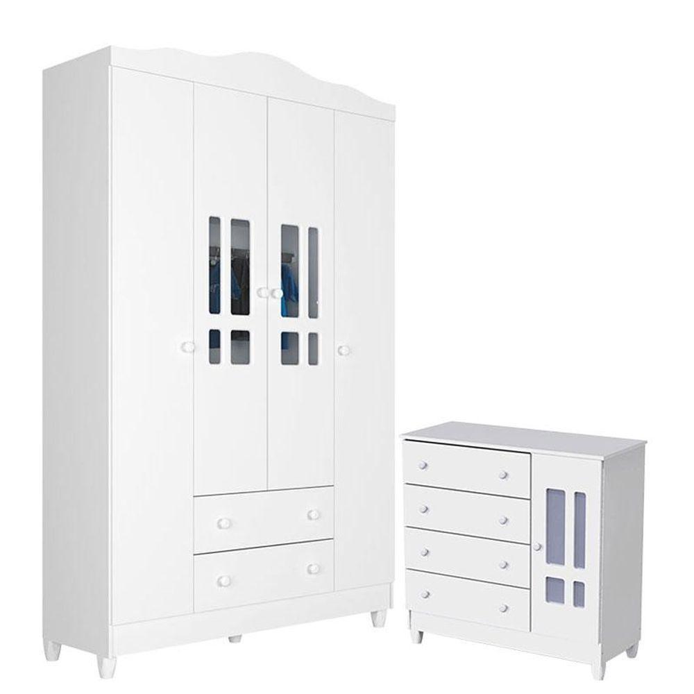 Cômoda E Guarda Roupa Infantil Ariel 4 Portas Branco Brilho - Carolina - 1