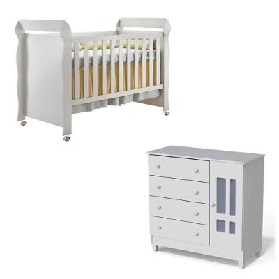 Berço Americano e Cômoda Infantil Mirelle Ariel 1 Porta 4 Gavetas MDF e MDP Branco Carolina Baby