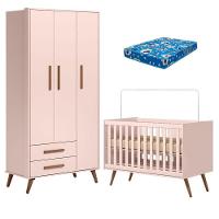 Berço Americano 3820 E Guarda Roupa Roupa 3830 Q Encanto Retrô Rosa Com Colchão Da Ortobom - Qmovi - 1