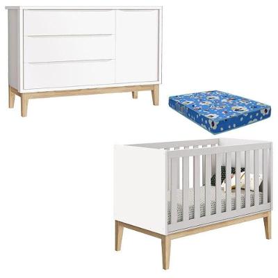 Berço Americano com Colchão e Cômoda New Classic 3 Gavetas MDF Puxador Metal Branco