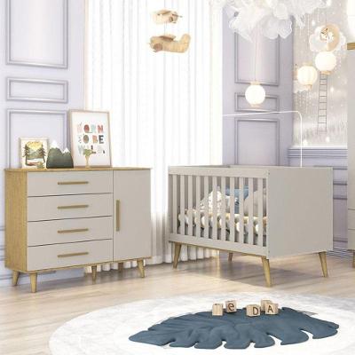 Berço Americano e Cômoda Infantil Ludmila 1 Porta 4 Gavetas MDF e MDP 133 cm Off White Bétula