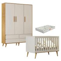 Berço Americano Ludmila E Guarda Roupa Infantil Lorena 3 Portas Off White Bétula Com Colchão Gazin Baby - 1
