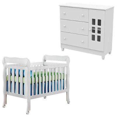 Berço e Cômoda Infantil Lila e Mariah com 1 Porta e 3 Gavetas em MDF e MDP Branco Carolina Baby