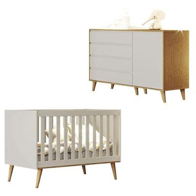 Conjunto Berço Americano Ludmila e Cômoda Gran Lorena em MDF Off White Bétula para Quarto de Bebê