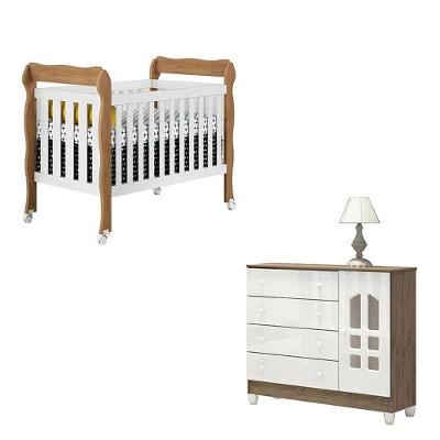 Berço Americano e Cômoda Infantil Lila Selena 1 Porta 4 Gavetas MDF MDP 154 cm Branco Carolina Baby