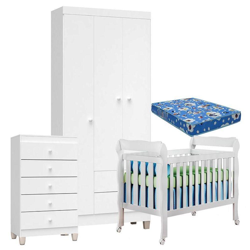 Quarto De Bebê 3 Portas Com Gaveteiro Ternura Baby E Berço Branco Brilho Com Colchão - 1