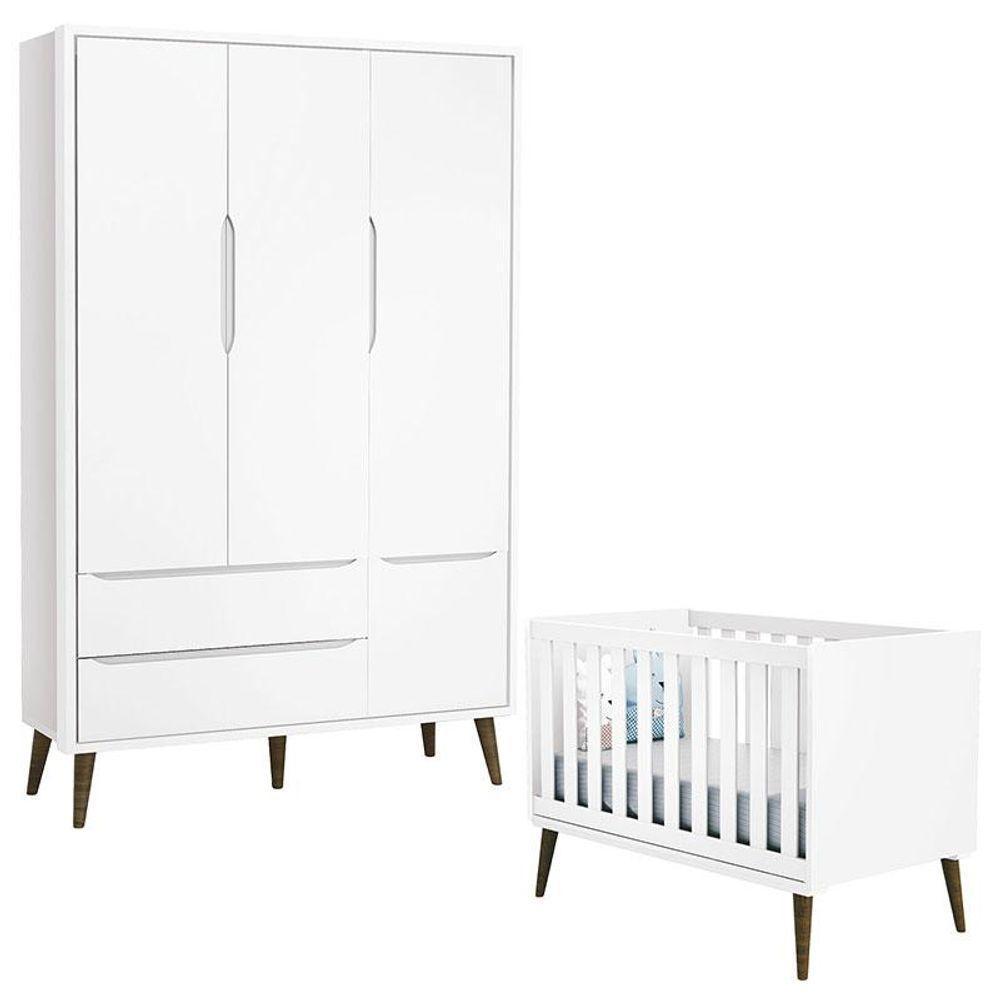 Berço Americano E Guarda Roupa 3 Portas Infantil Theo Branco Acetinado Com Pés Amadeirado - Reller - 1