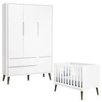 Berço Americano E Guarda Roupa 3 Portas Infantil Theo Branco Acetinado Com Pés Amadeirado - Reller - 1