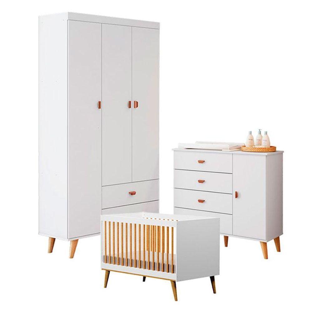 Quarto De Bebê Duda Com Berço Americano Ligia Branco Acetinado Bétula - Carolina Móveis - 1