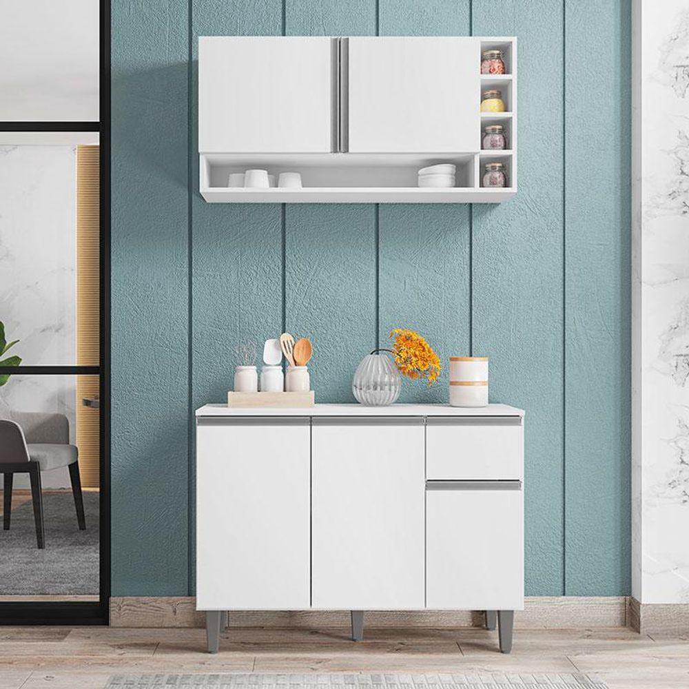 Balcão De Cozinha E Armário Aéreo Vanessa Branco Brilho - Ajl - 1
