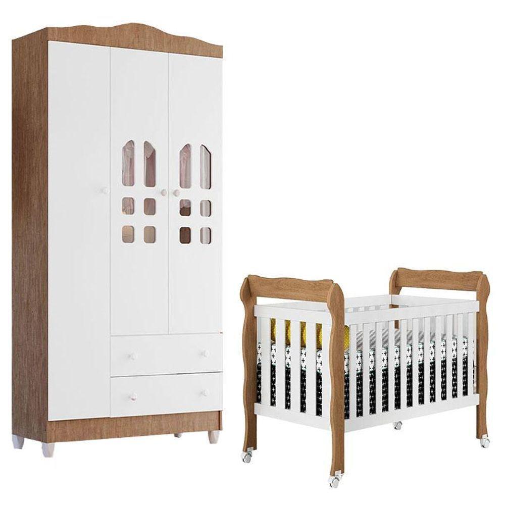 Berço Americano Lila E Guarda Roupa Infantil New Selena 3 Portas Branco Acetinado Amadeirado Móveis - 1