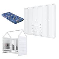 Berço Montessoriano E Guarda Roupa Infantil Americano 6 Portas Branco Com Colchão Ortobom - Henn - 1