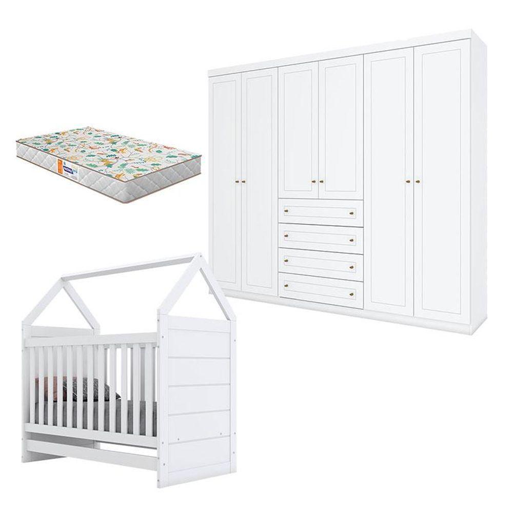 Berço Montessoriano E Guarda Roupa Infantil Americano 6 Portas Branco Com Colchão Gazin - Henn - 1