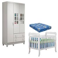 Berço Americano Lila E Guarda Roupa Mariah 3 Portas Branco Brilho Com Colchão - Carolina - 1