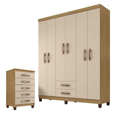 Guarda Roupa Casal com Cômoda Módena Cannes 6 Portas 7 Gavetas MDP Carvalho Americano Grafite