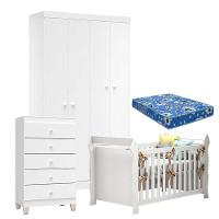 Quarto De Bebê 4 Portas Com Gaveteiro Ternura Baby E Berço Lara Branco Brilho Com Colchão - 1