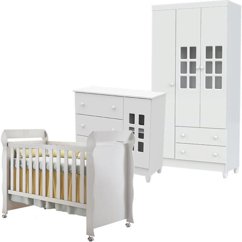 Quarto De Bebê Mariah 3p Com Berço Mirelle Branco Brilho - Carolina - 1