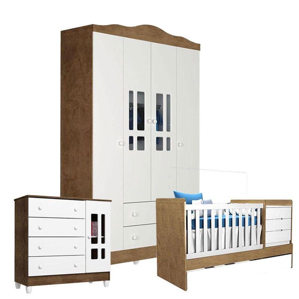 Quarto De Bebê Ariel 4 Portas Com Berço Americano Multifuncional Cléo Branco Acetinado Amadeirado - 1