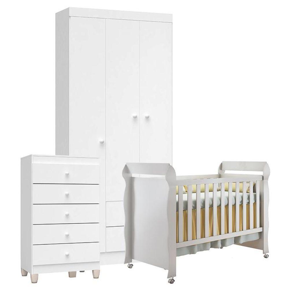 Quarto De Bebê 3 Portas Com Gaveteiro Ternura Baby E Berço Mirelle Branco Brilho - Incorplac - 1