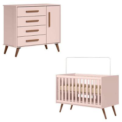 Conjunto Berço Americano 3820 e Cômoda Infantil 3825 Q Encanto Retrô em MDP Rosa