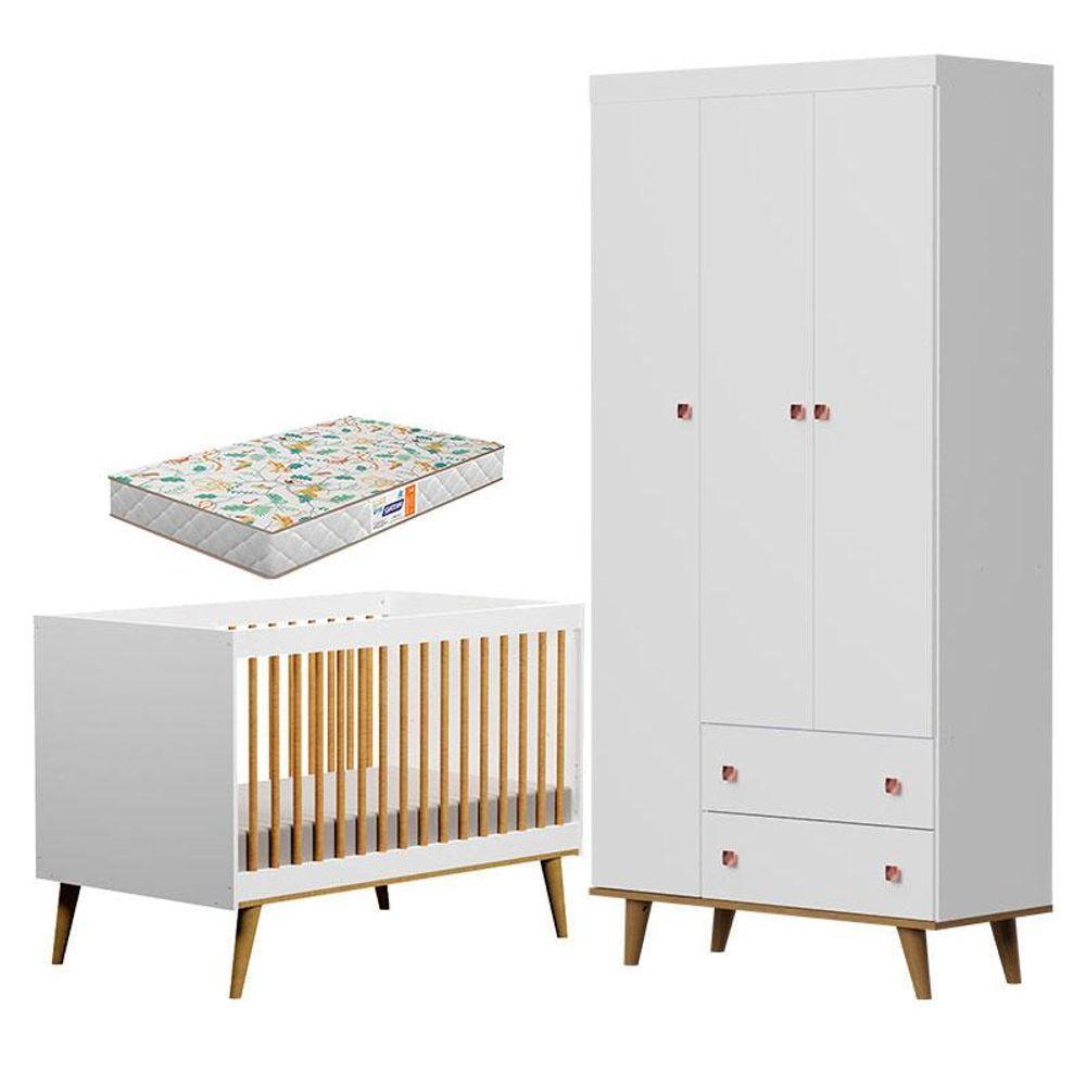 Berço Ligia E Guarda Roupa Fernanda 3 Portas Branco Bétula Com Colchão Gazin - Carolina Baby - 1