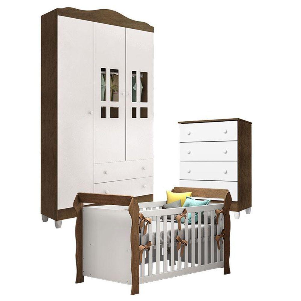 Quarto De Bebê Ariel 3 Portas Com Gaveteiro E Berço Lara Branco Acetinado Amadeirado - Carolina - 1