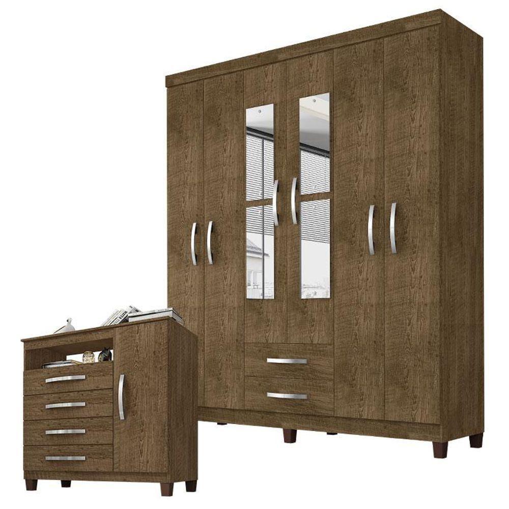 Guarda Roupa Casal Modena Com Espelho 6 Portas E Cômoda Sapateira Cannes Malbec - Incorplac - 1