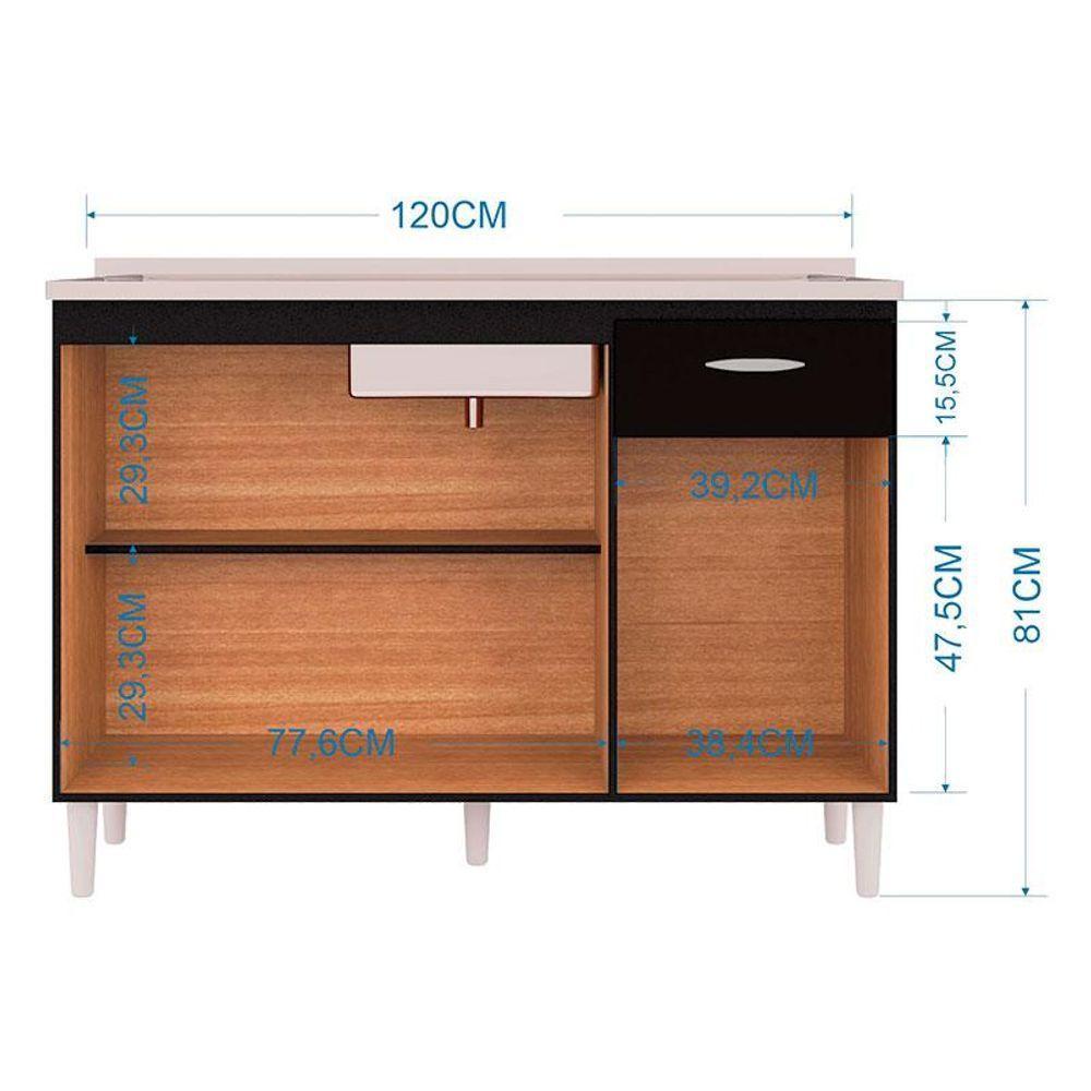 Balcão De Cozinha Com Tampo 120 Cm Preto - Poquema - 3