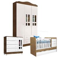 Quarto De Bebê Ariel 3 Portas Com Berço Americano Multifuncional Cléo Branco Acetinado Amadeirado - 1
