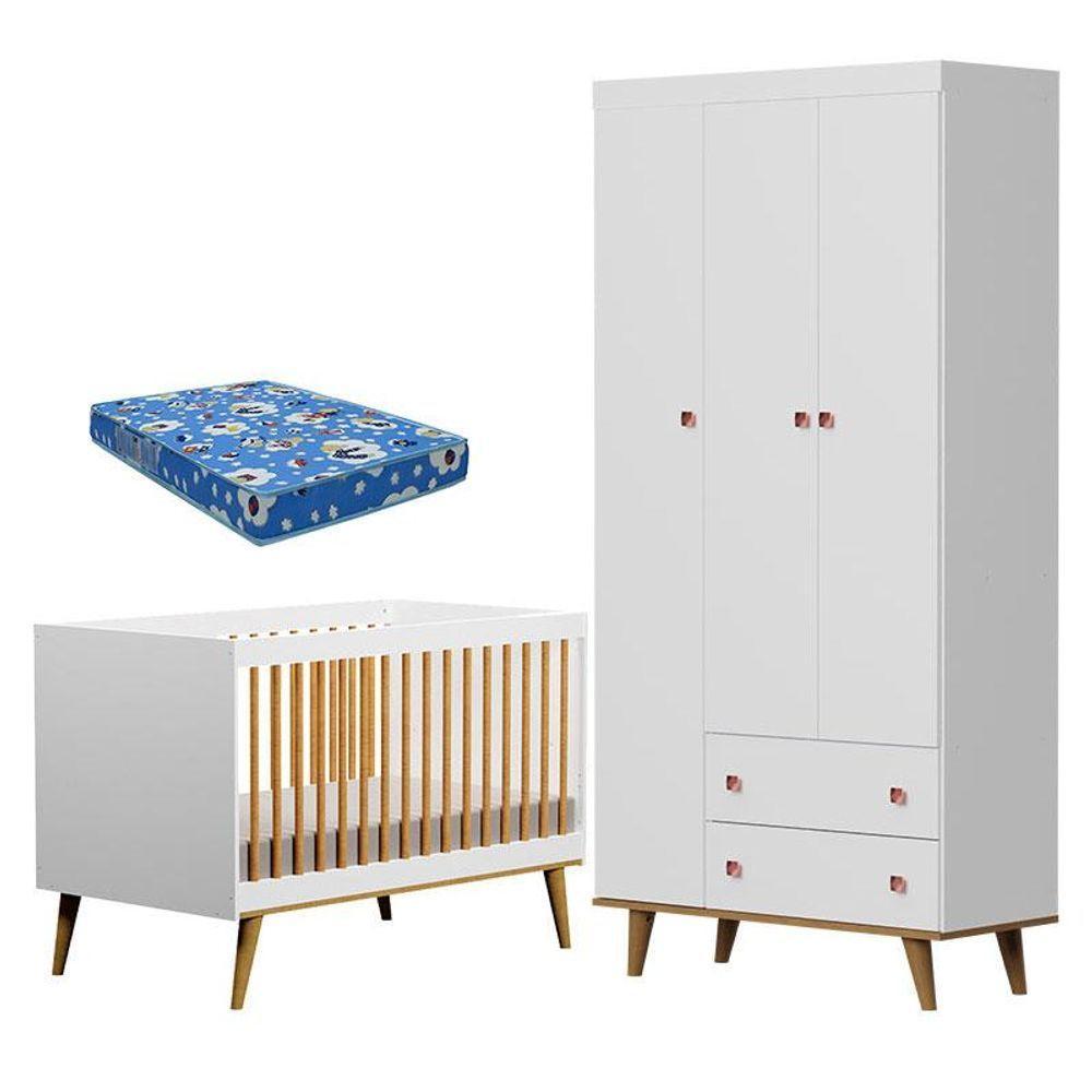 Berço Ligia E Guarda Roupa Fernanda 3 Portas Branco Bétula Com Colchão Ortobom - Carolina Baby - 1