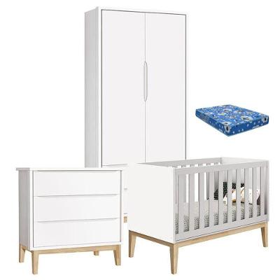 Quarto de Bebê Classic 2 Portas 2 Gavetas em MDF 135cm Branco com Berço Colchão e Cômoda Reller