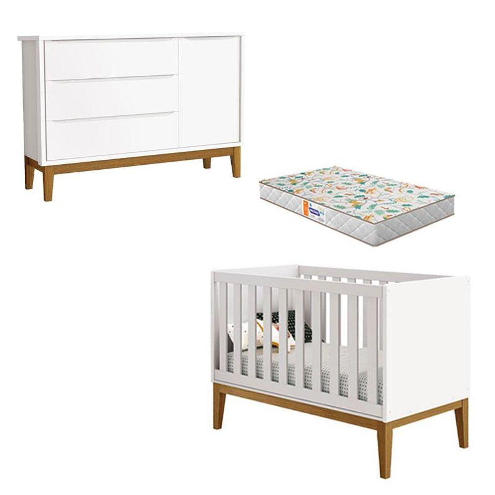 Berço Americano E Cômoda New Classic Branco Com Pés Madeira E Colchão Gazin - Reller - 1