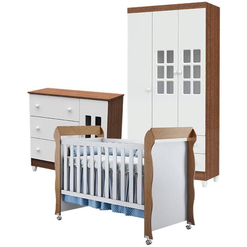 Quarto De Bebê Mariah 3p Com Berço Mirelle Branco Acetinado Amadeirado - Carolina - 1