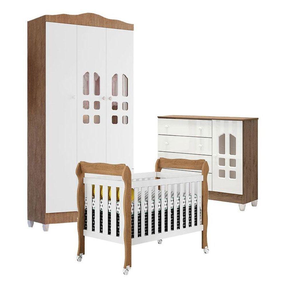 Quarto De Bebê New Selena 3 Portas Com Berço E Cômoda Selena Branco Acetinado Amadeirado - 1