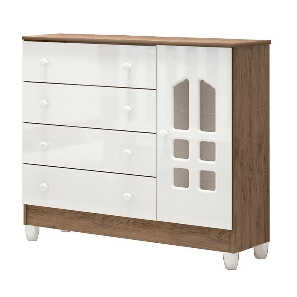 Quarto De Bebê New Selena 3 Portas Com Berço E Cômoda Selena Branco Acetinado Amadeirado - 3