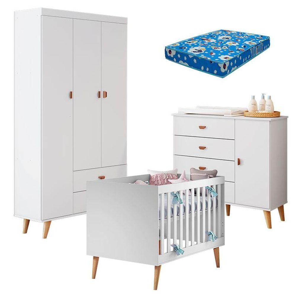 Quarto De Bebê Duda Com Berço Americano Ludmila Branco Acetinado Bétula E Colchão Ortobom - 1