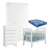Quarto De Bebê 4 Portas Com Gaveteiro Ternura Baby E Berço Branco Brilho Com Colchão - 1