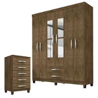 Guarda Roupa Casal Modena Com Espelho 6 Portas E Cômoda Cannes 5 Gavetas Malbec - Incorplac - 1