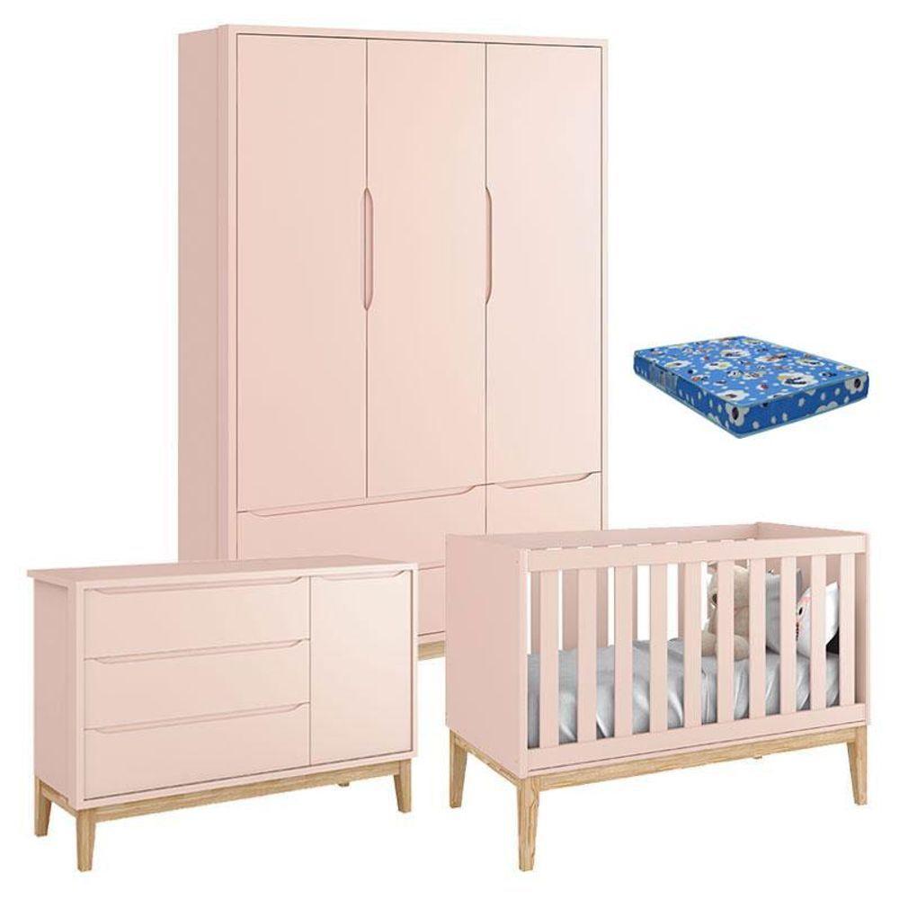 Quarto De Bebê Classic 3 Portas Com Colchão Rosa Pés Madeira Natural - Reller - 1