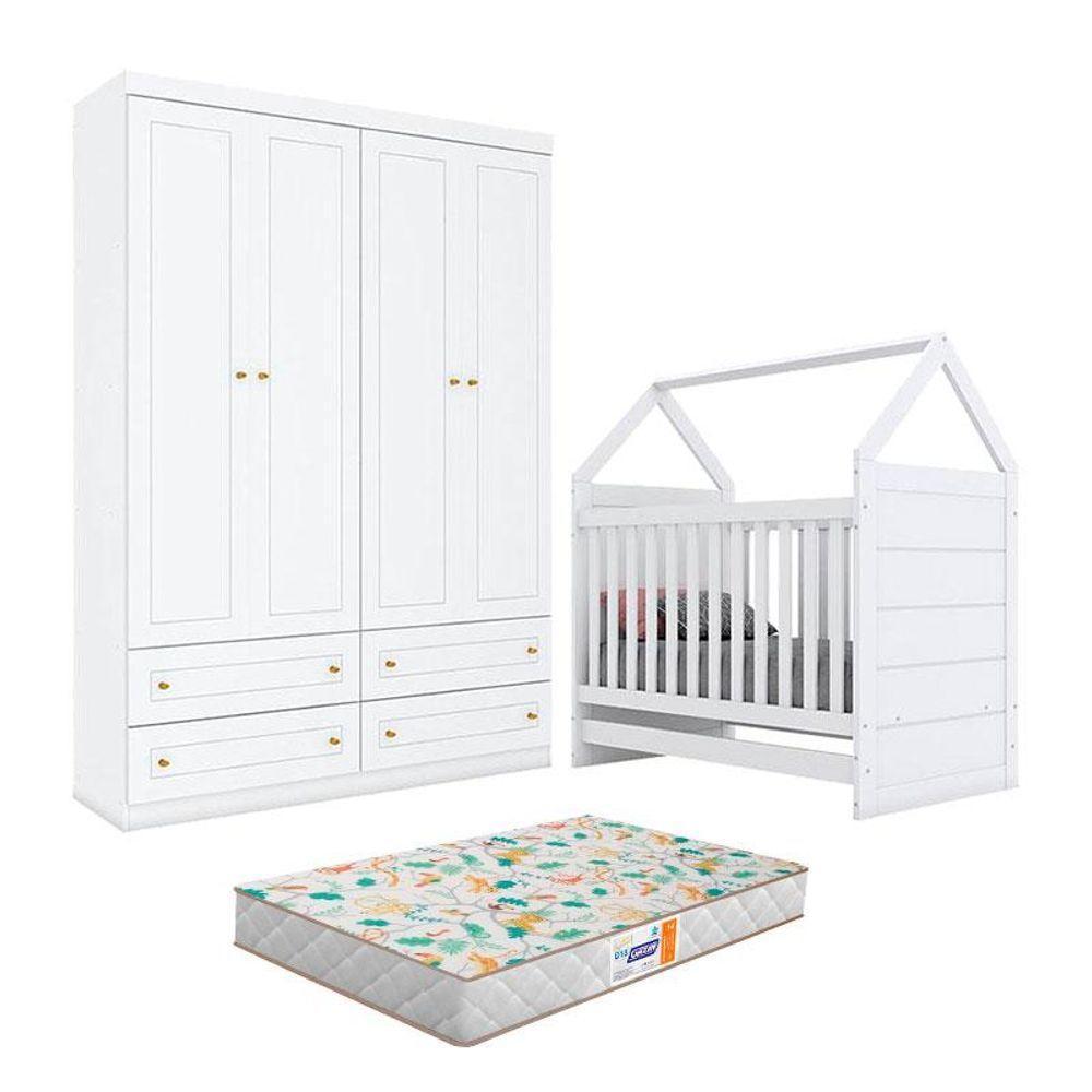 Berço Montessoriano Americano E Guarda Roupa Infantil Mississipi 4 Portas Branco Com Colchão Gazin - 1
